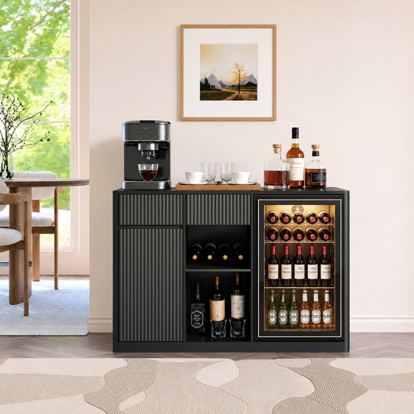 Black Fluted Bar Cabinet with Fridge Compartment & Charging Station