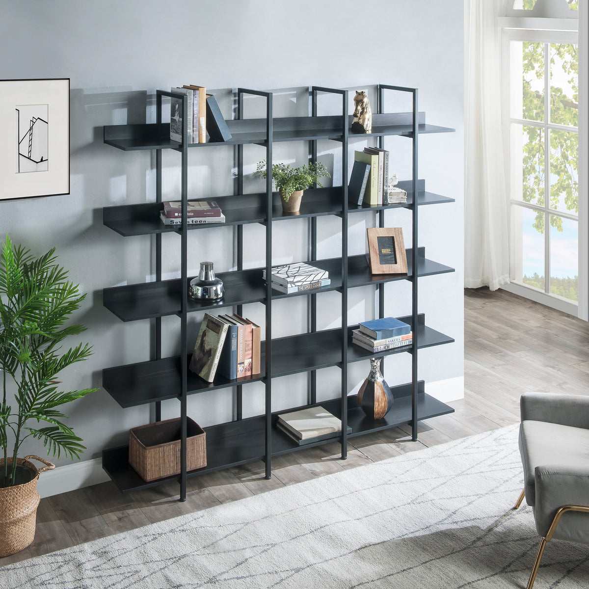 Black 5-Tier Open Bookcase with Steel Frame