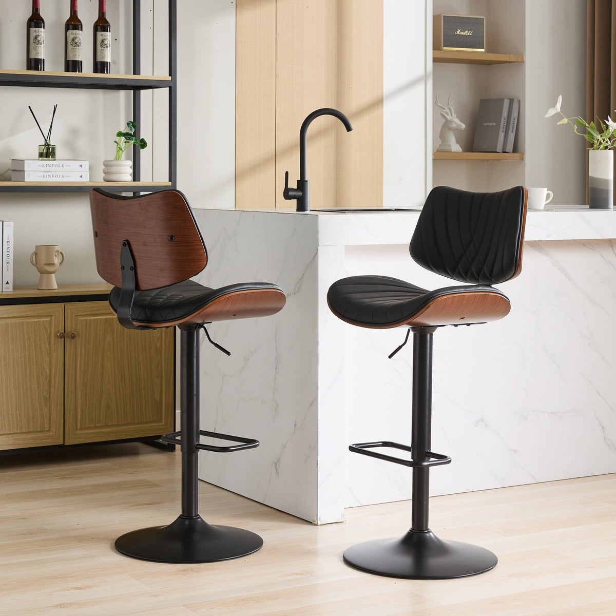 Walnut + Black Adjustable Swivel Bar Stools, Set of 2