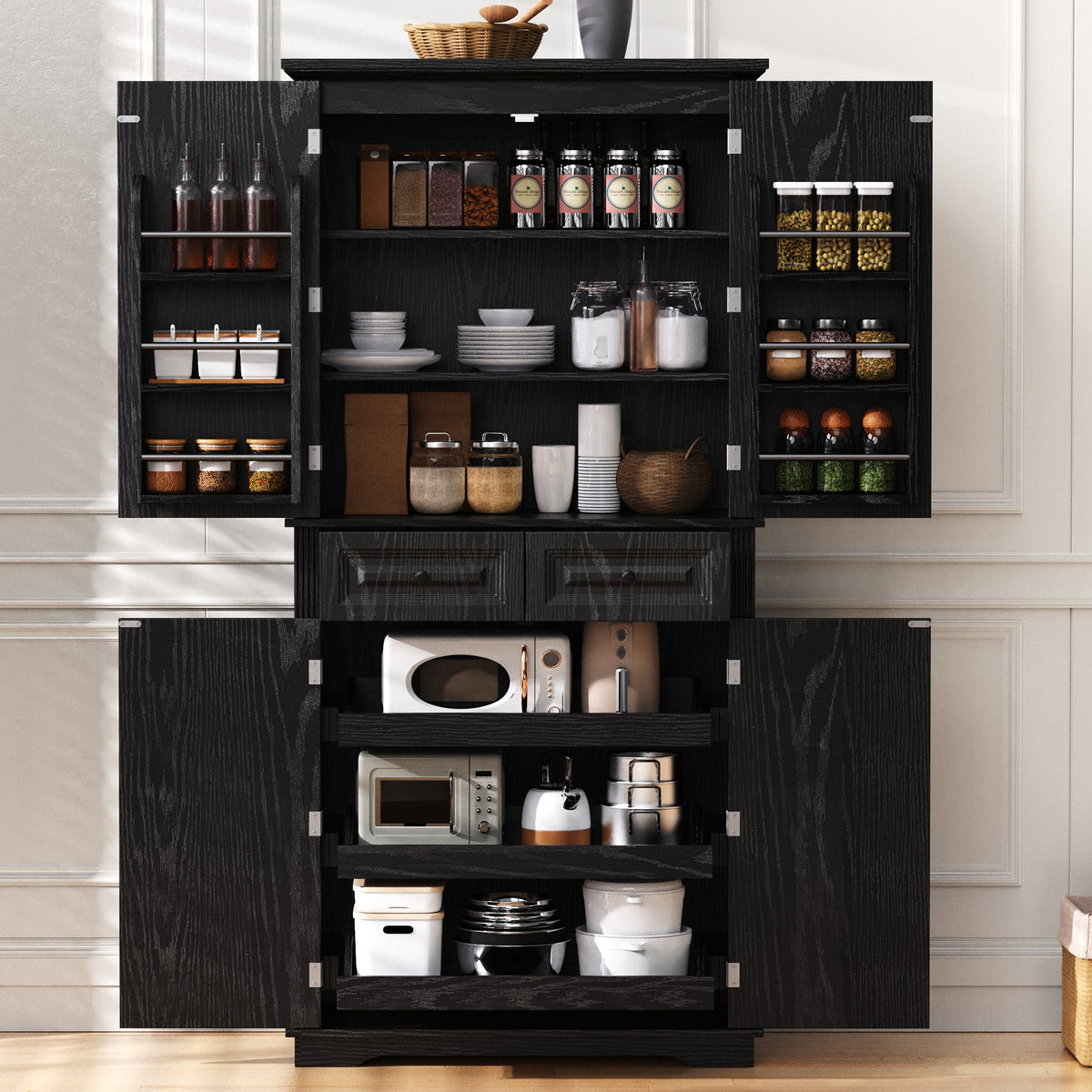 Black 71" Pantry Storage Cabinet with Pull-Out Organizers