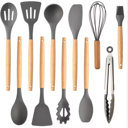 12-Piece Silicone Cooking Utensil Set with Wood Handles