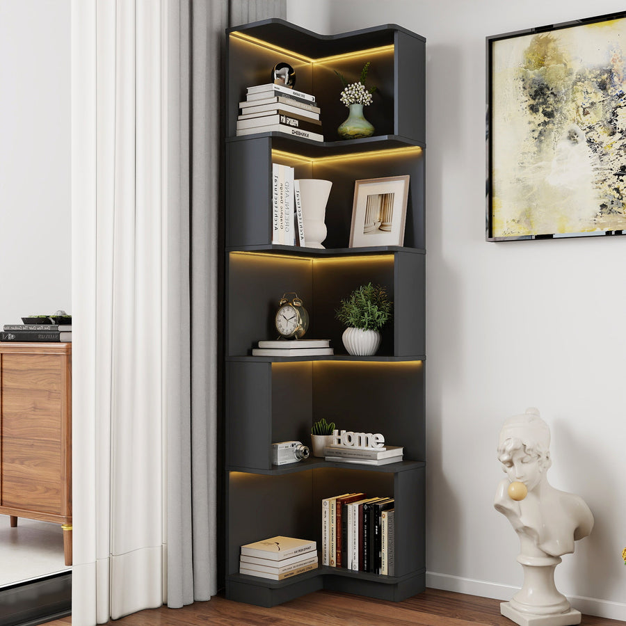Black 5-Tier LED Corner Bookcase