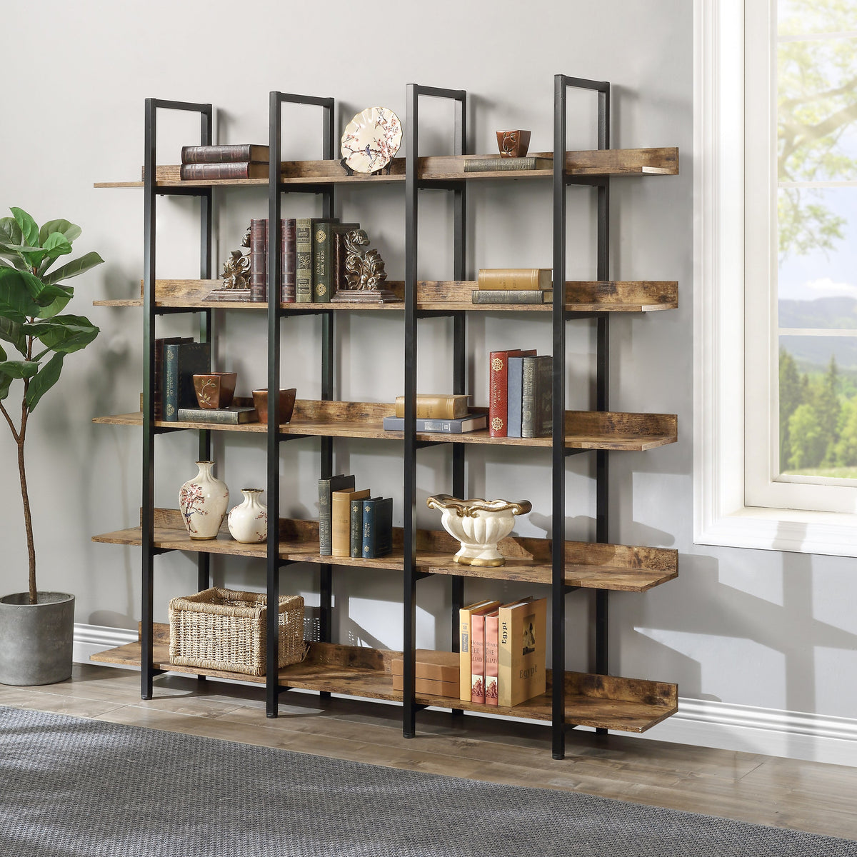 Brown 5-Tier Open Bookcase with Steel Frame