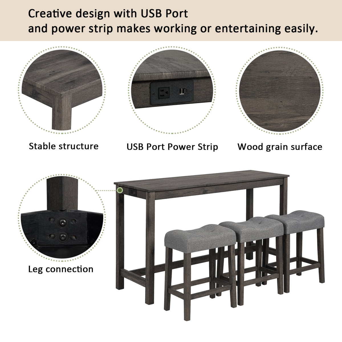 4-Piece Counter-Height Bar Table Set with 3 Upholstered Stools