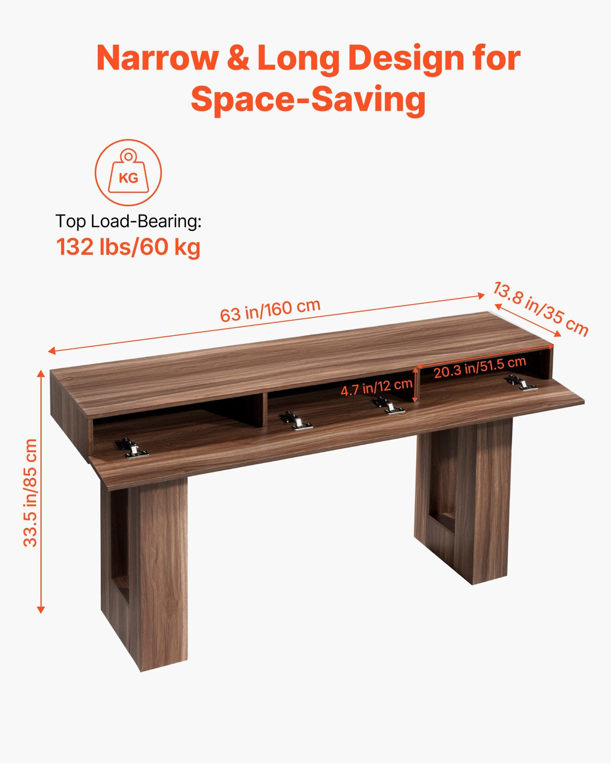 63" Brown Narrow Console Table with Hidden Storage