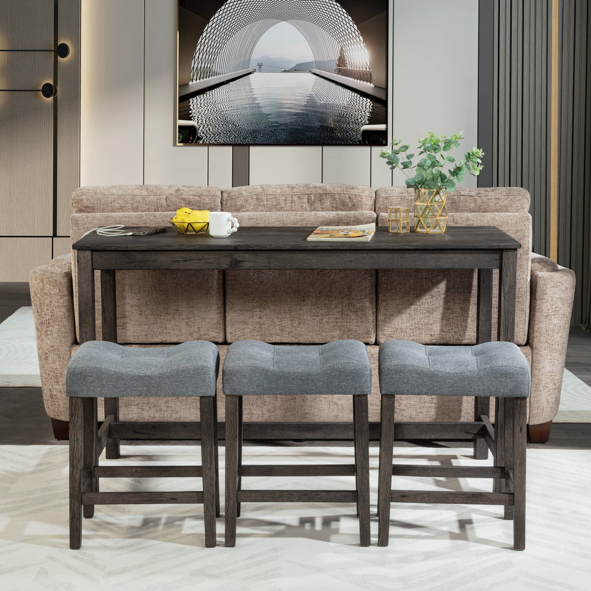 4-Piece Counter-Height Bar Table Set with 3 Upholstered Stools