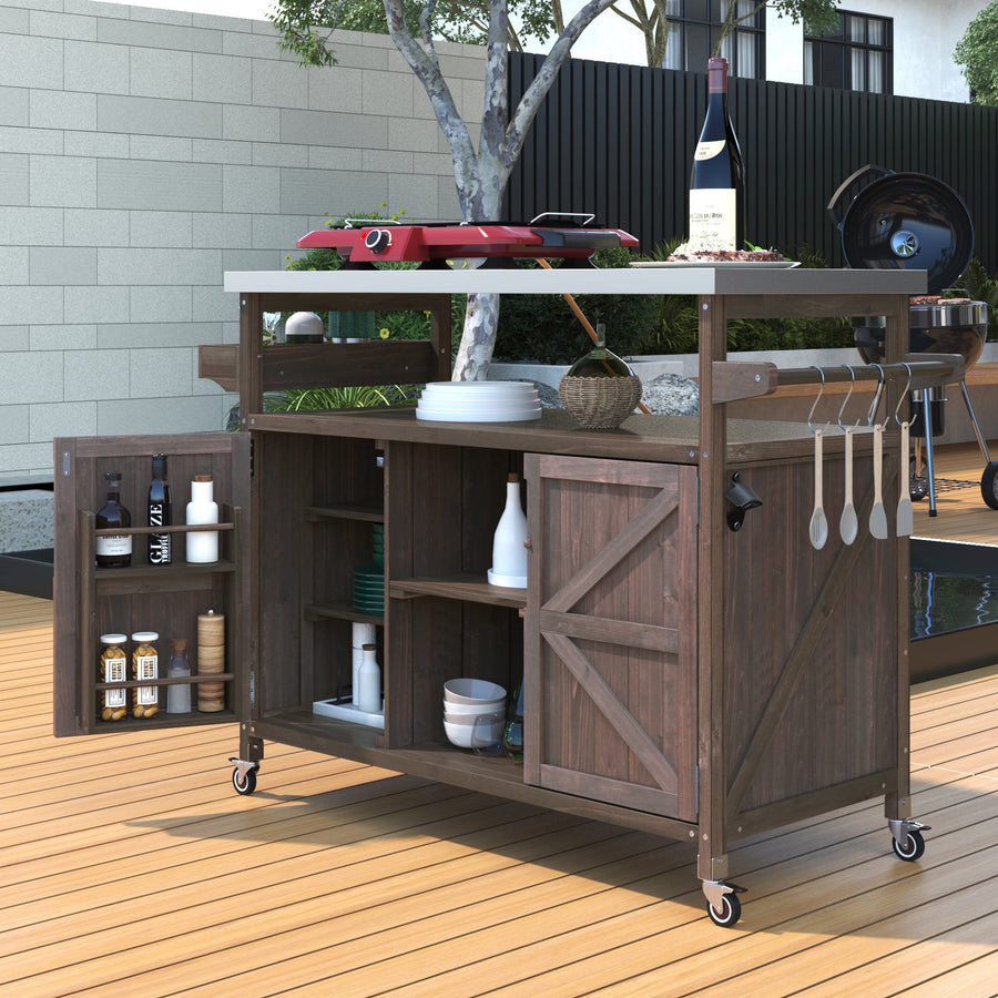 Dark Brown Outdoor Kitchen Island with Stainless Steel Top