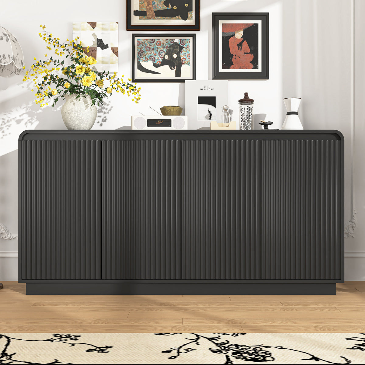 Black Fluted Media Console with Power Outlet