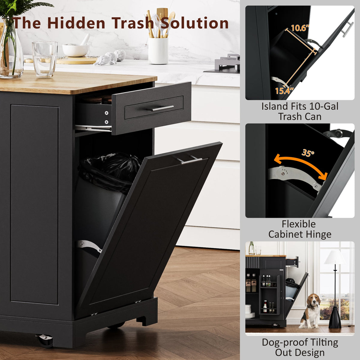 Black Fluted Kitchen Island with Concealed Trash Storage & Power