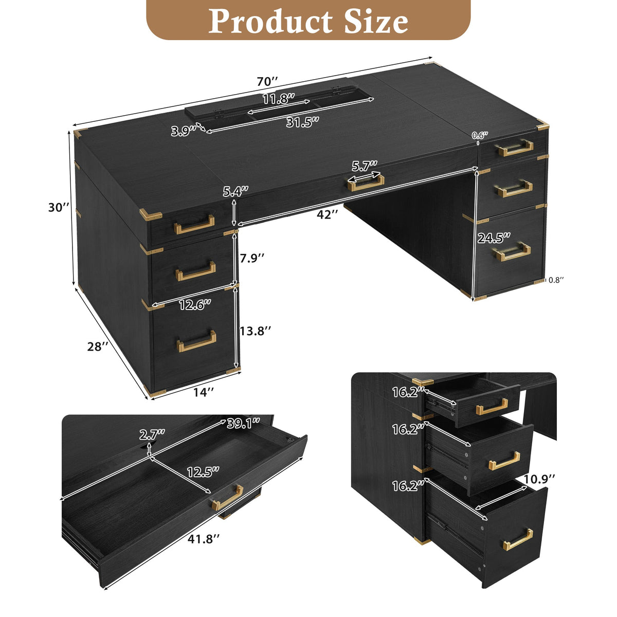 70" Black + Gold Executive Desk with Integrated Storage & Power