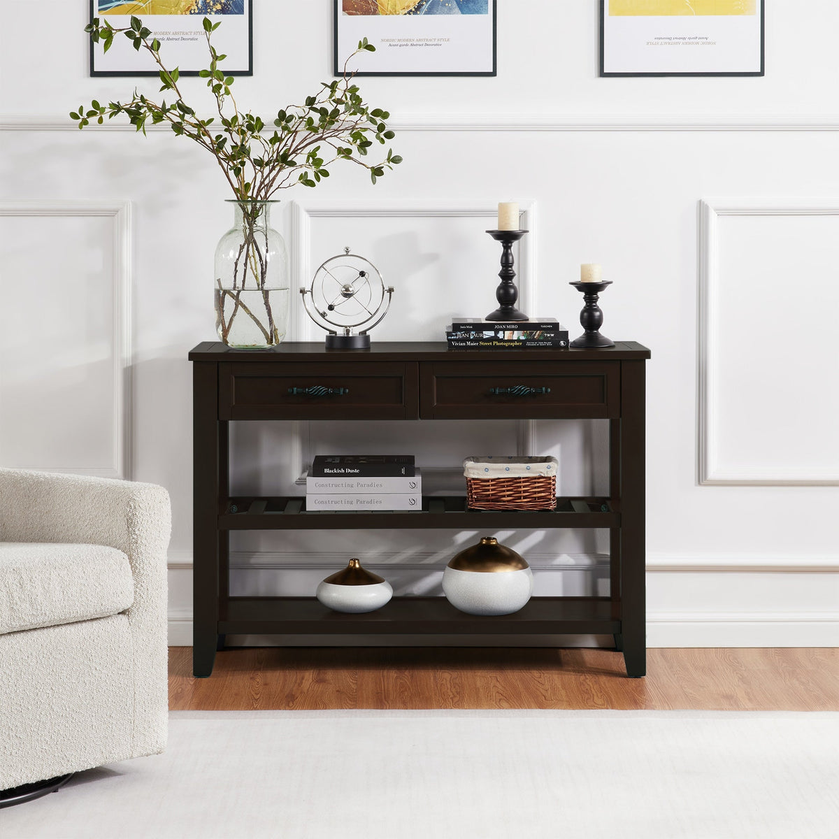 Light Coffee Console Table with Drawers & Open Shelves