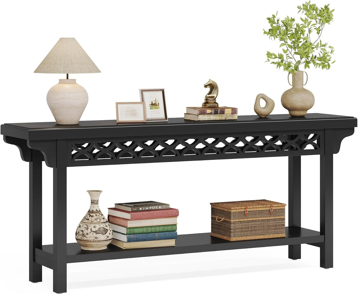 Black Solid Wood Console Table with Lower Shelf