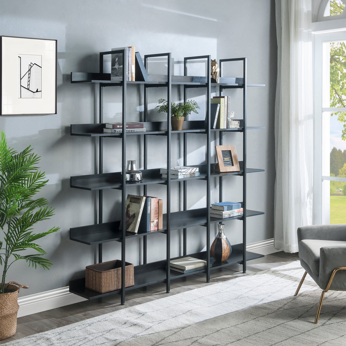 Black 5-Tier Open Bookcase with Steel Frame