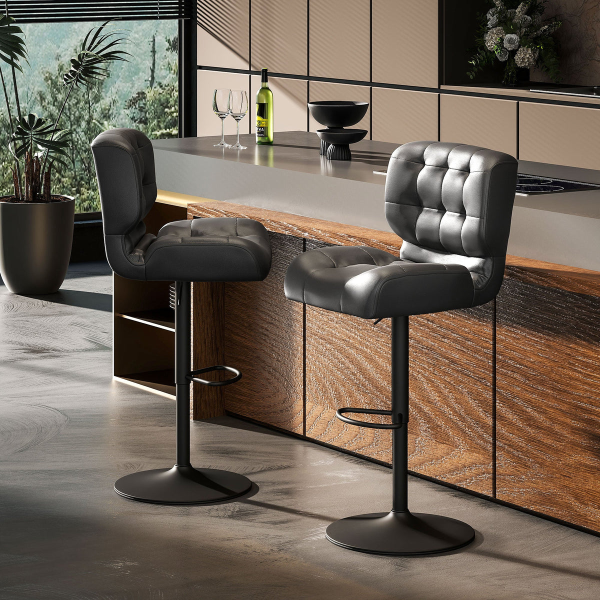 Set of 2 Black Adjustable Swivel Bar Stools