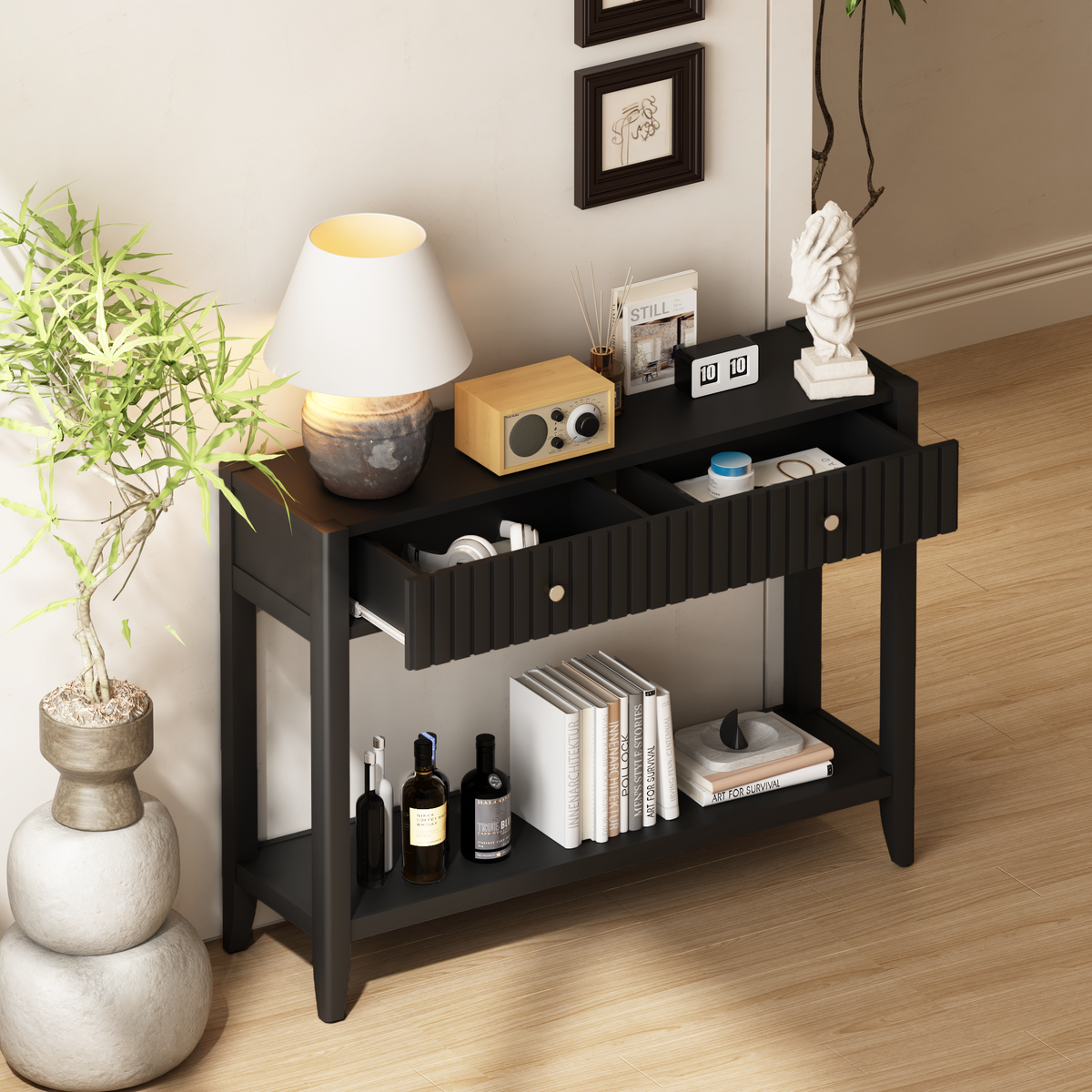 Black Fluted Console Table with Drawers