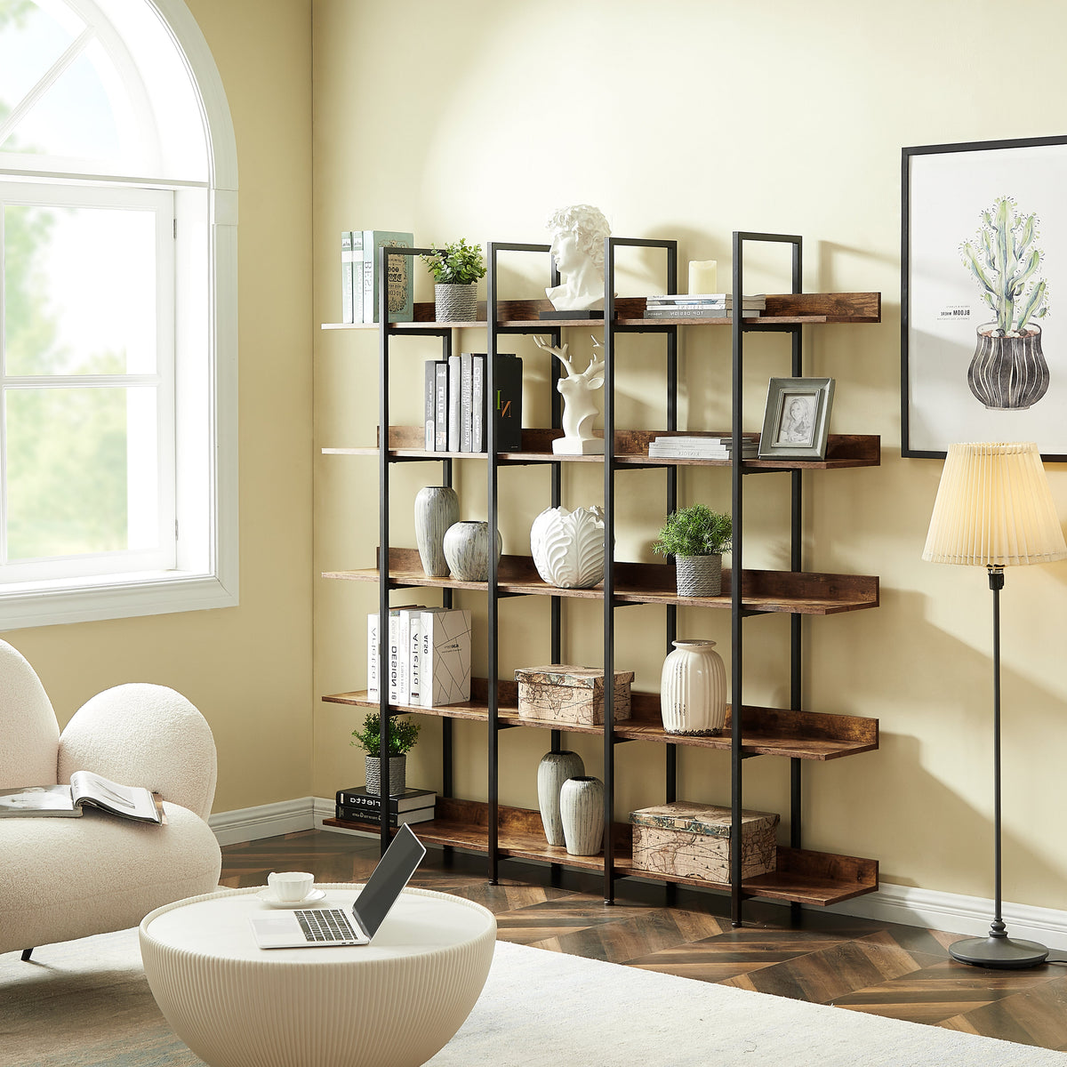 Brown 5-Tier Open Bookcase with Steel Frame