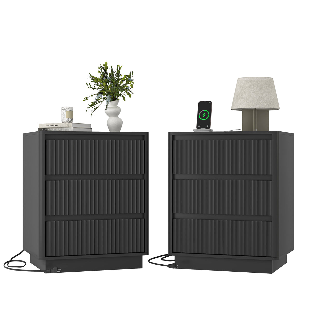 Set of 2 Black Charging End Tables with 3 Drawers