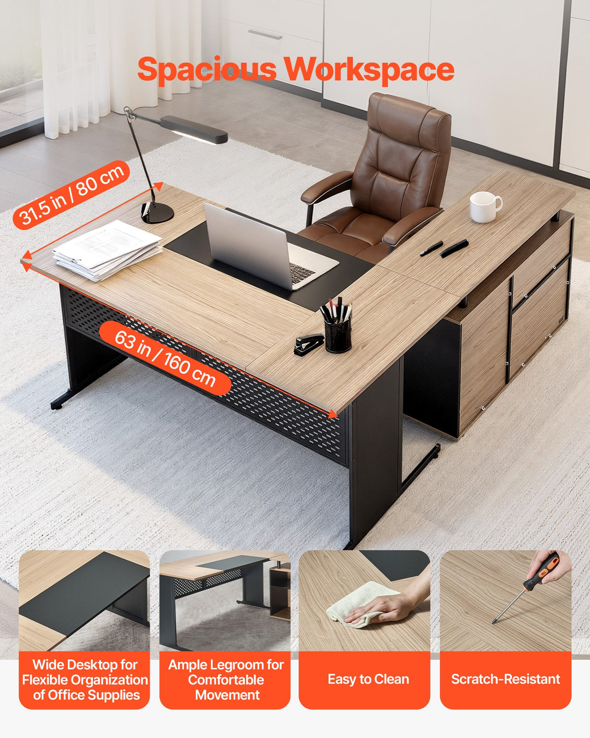 Walnut & Black Executive L-Shaped Desk with Storage