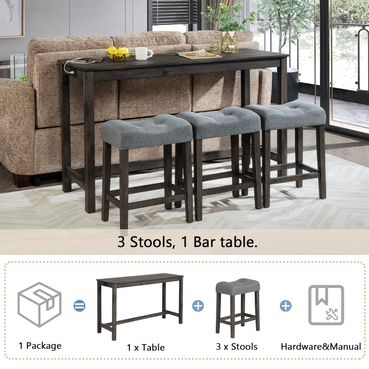 4-Piece Counter-Height Bar Table Set with 3 Upholstered Stools