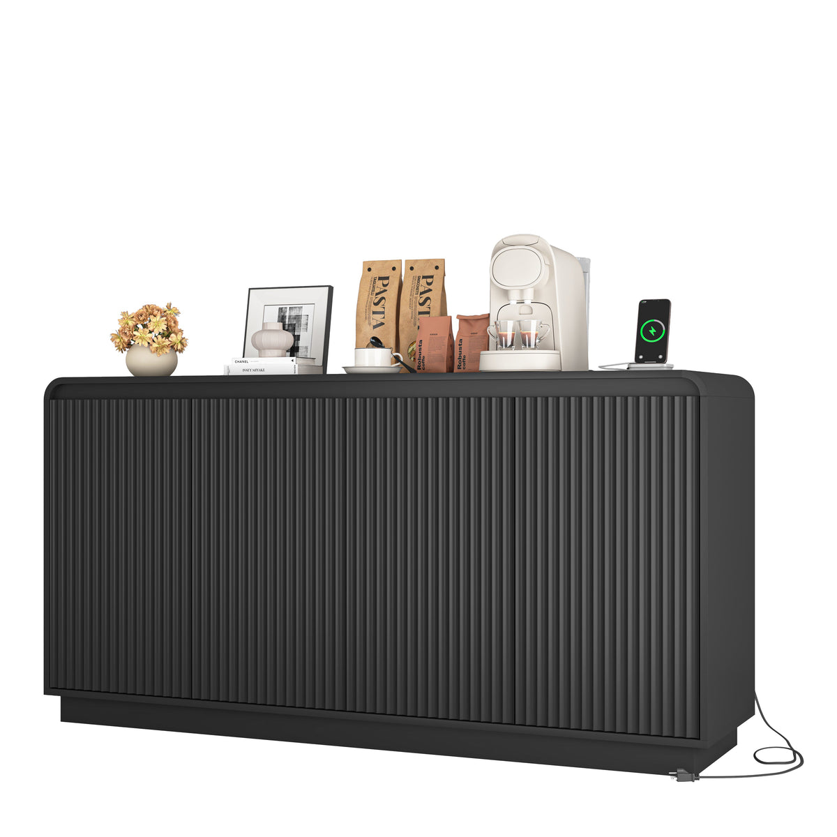 Black Fluted Media Console with Power Outlet