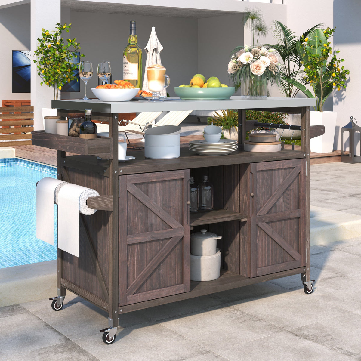 Dark Brown Outdoor Kitchen Island with Stainless Steel Top