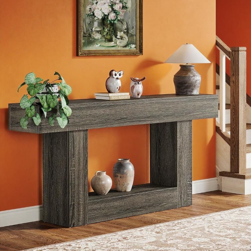 Dark Gray 63" Console Table with Lower Shelf