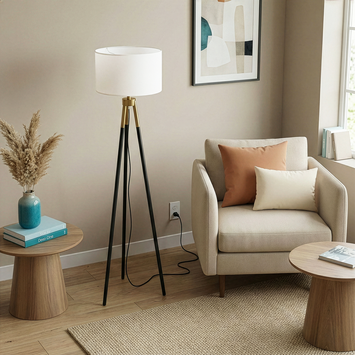 Black + Brushed Gold Tripod Floor Lamp