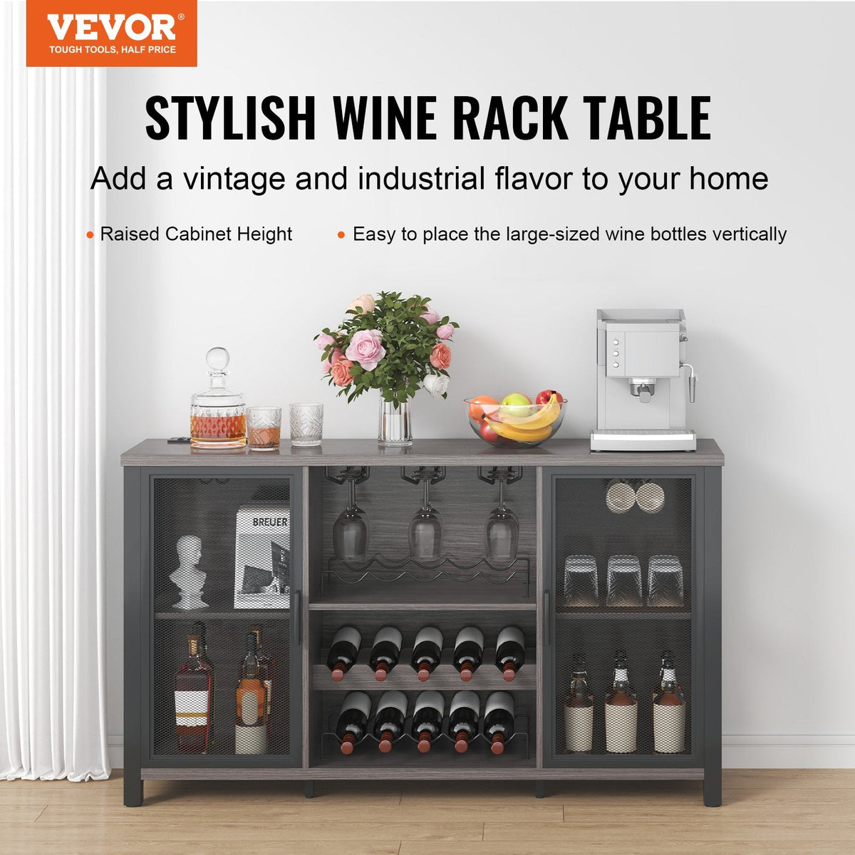 Industrial Bar Cabinet with Wine Storage & Built-In Power