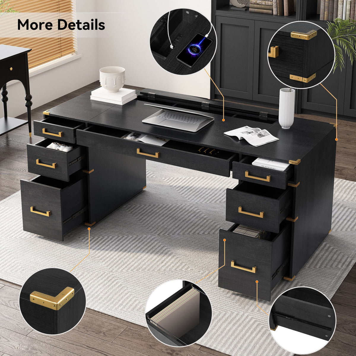 70" Black + Gold Executive Desk with Integrated Storage & Power
