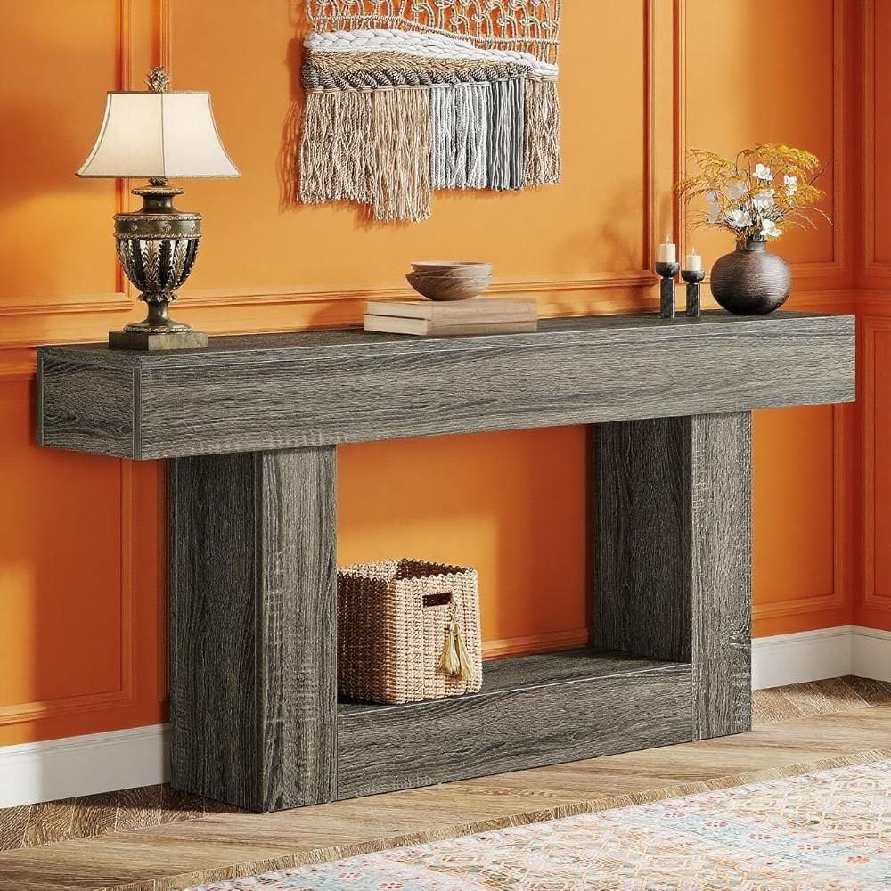 Dark Gray 63" Console Table with Lower Shelf