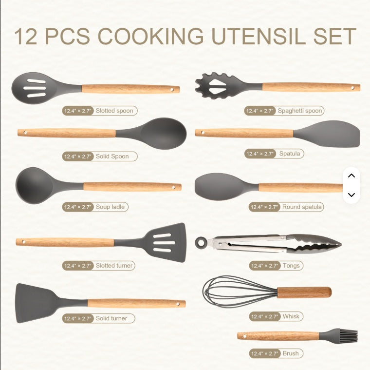 12-Piece Silicone Cooking Utensil Set with Wood Handles