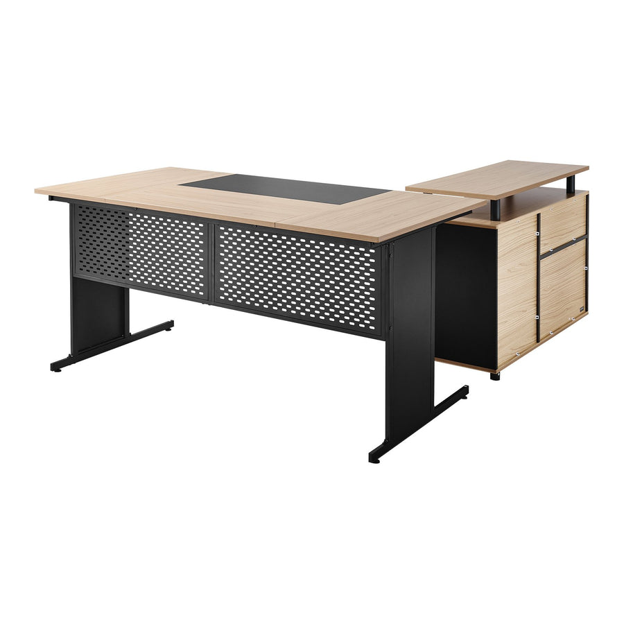 Walnut & Black Executive L-Shaped Desk with Storage